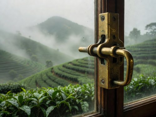Close-up of a weathered brass carriage window latch with misty mountain tea slopes beyond