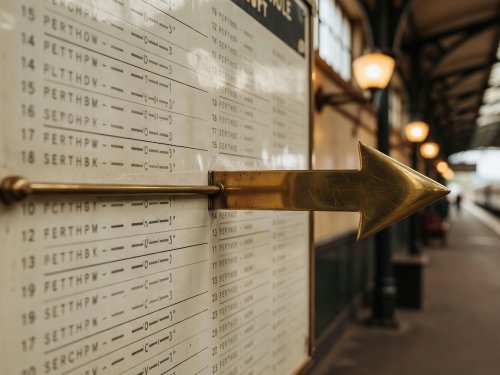 Close-up of a classic printed railway route board and brass indicator arrow