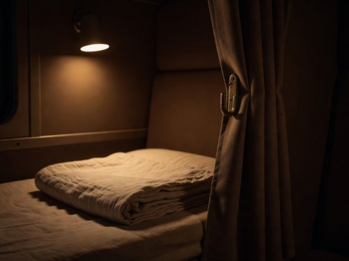 Warm reading lamp, folded linen blanket, and heavy curtain hook inside an overnight train berth