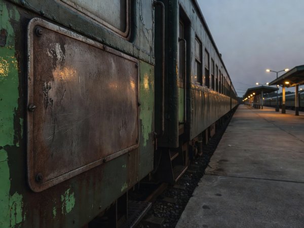Metal carriage destination plate on a Vietnamese train platform at dusk